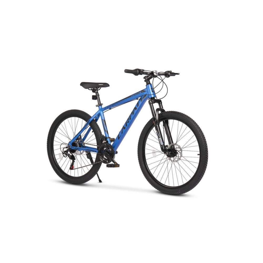 Sportliches MTB in Blau-Schwarz mit 80mm Federgabel für Trail und Gelände.