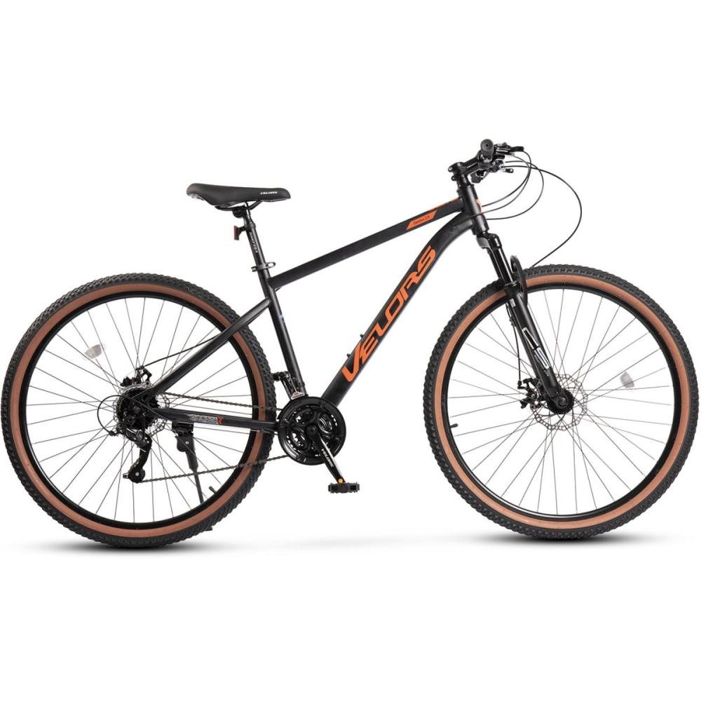 Sportliches Mountainbike in Schwarz-Orange mit Federgabel, ideal für Gelände und Straße.
