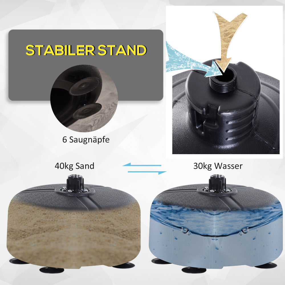 Stabiler Stand: Basis befüllbar mit Wasser (30kg) oder Sand (40kg), plus 5 Saugnäpfe.
