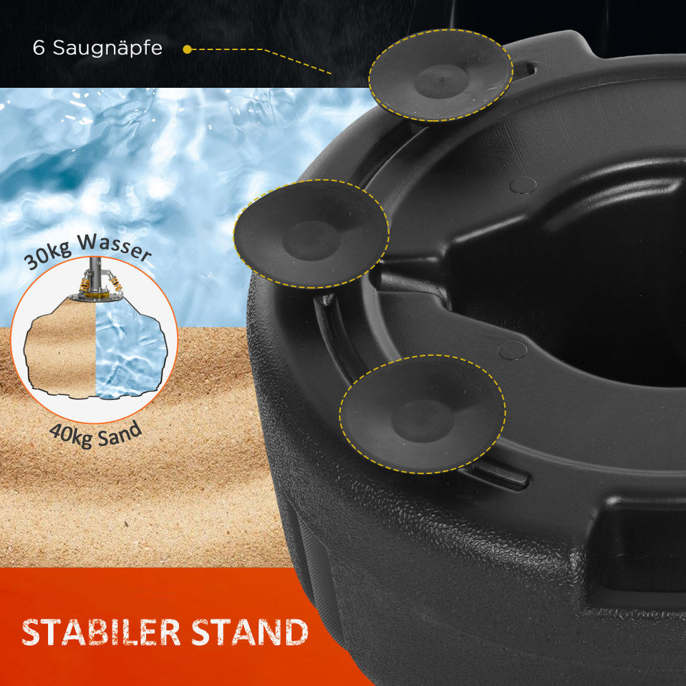 Stabiler Stand: Basis mit Saugnäpfen für glatte Böden und befüllbar mit Sand/Wasser.
