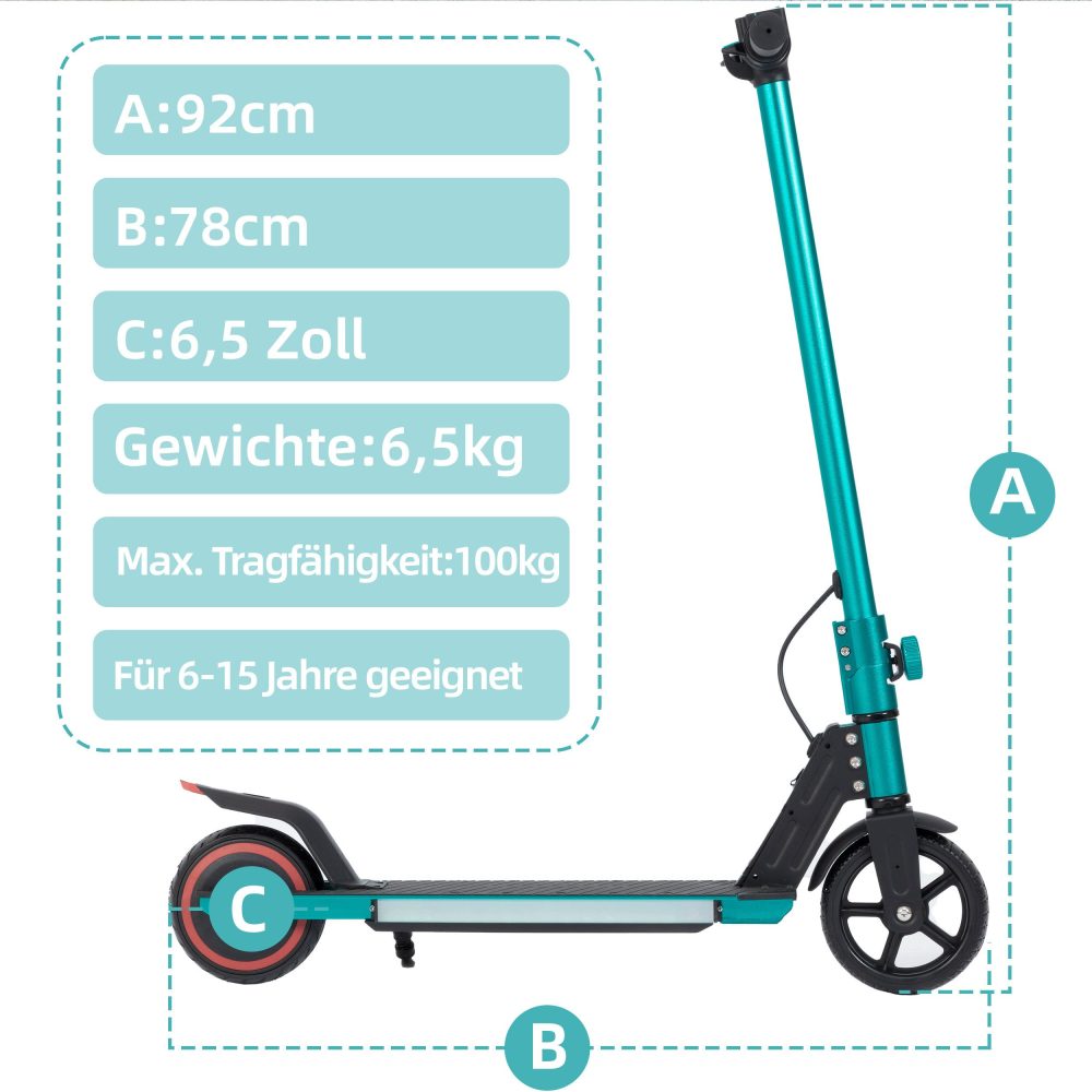 Technische Daten: 92 cm Höhe, 78 cm Länge und 6,5 Zoll Reifengröße.