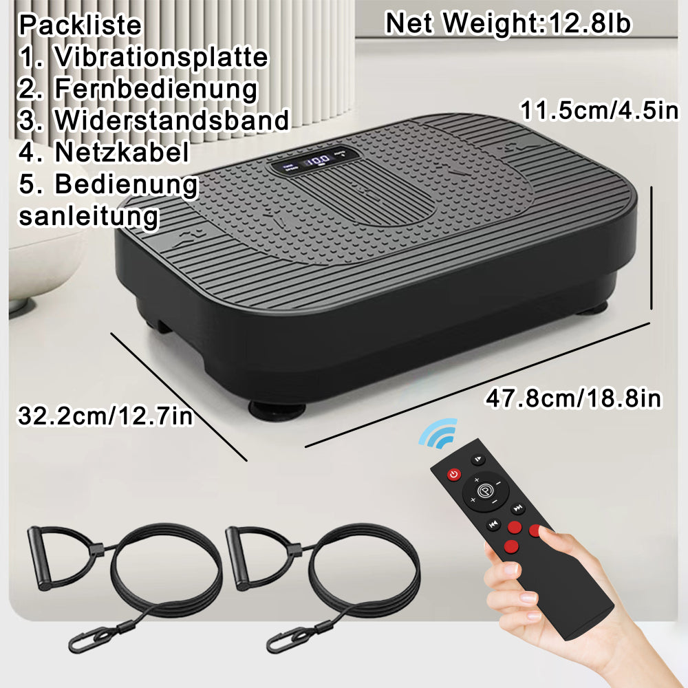 Technische Daten: Nettogewicht 12,5 kg und Maße der schwarzen Platte