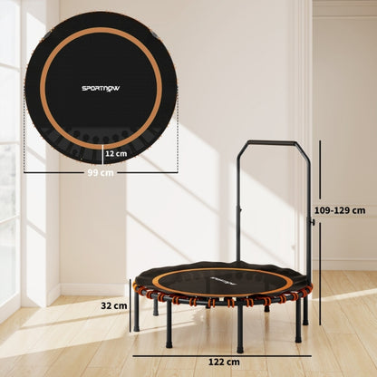 Technische Grafik: Durchmesser 122 cm, Sprungfläche mit orangem Ring, Griffhöhe 109-129 cm.