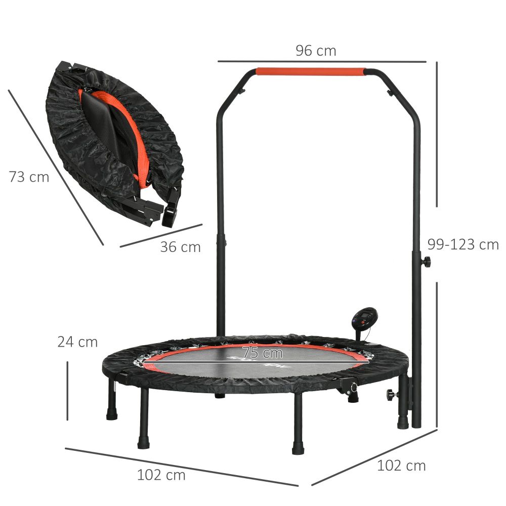 Technische Grafik: Zeigt Durchmesser 102 cm, Griffhöhe 99-123 cm und das zusammengefaltete Paket (73x36 cm).
