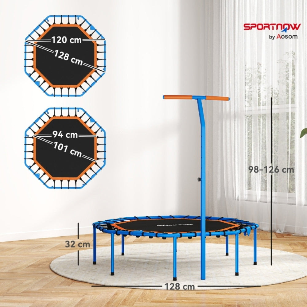 Technische Grafik: Zeigt Durchmesser 128 cm, Rahmenhöhe 32 cm und Griffhöhe 98-126 cm des blauen Modells.