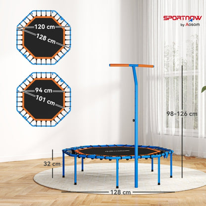 Technische Grafik: Zeigt Durchmesser 128 cm, Rahmenhöhe 32 cm und Griffhöhe 98-126 cm des blauen Modells.