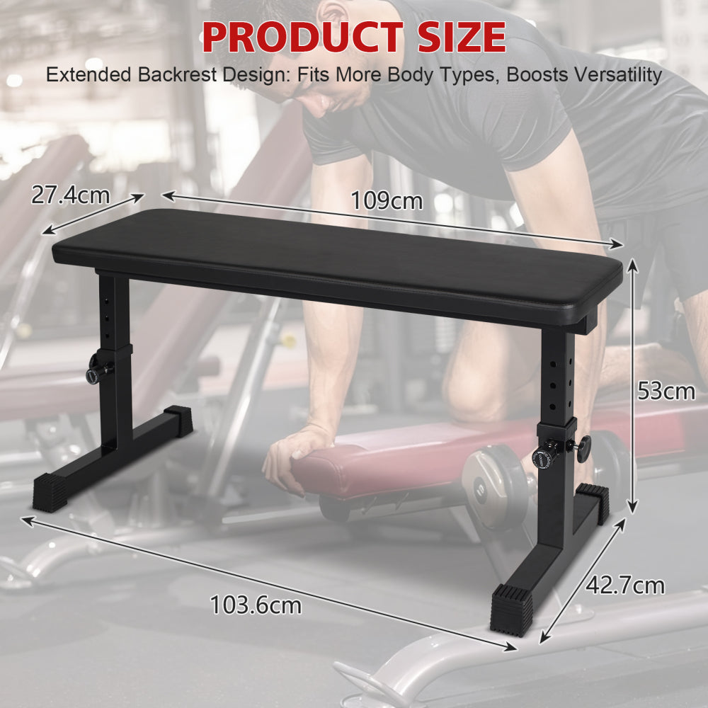Technische Maße: 110cm lang, 45cm breit (Basis), Sitzhöhe verstellbar.