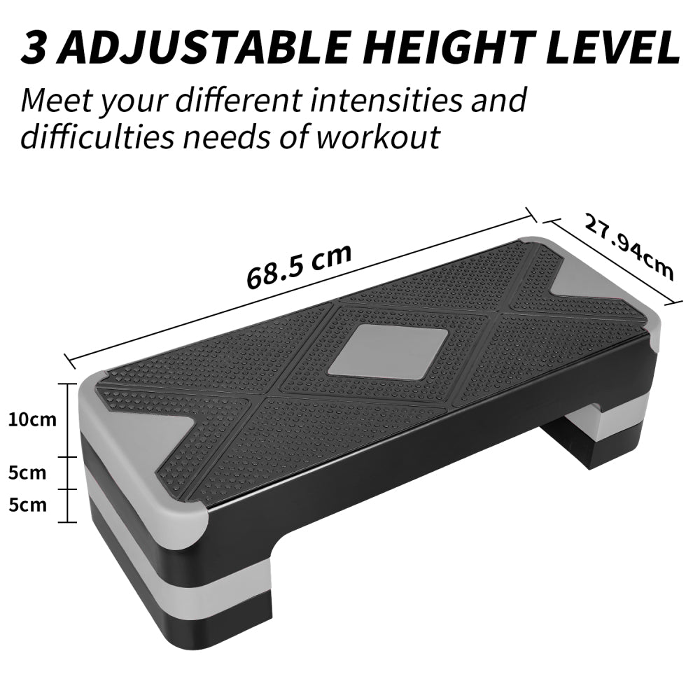 Technische Maße (68,5 cm Länge) und 3-stufige Höhenverstellung (10, 15, 20 cm).