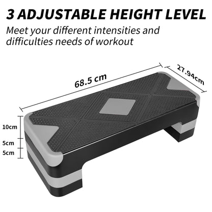 Technische Maße (68,5 cm Länge) und 3-stufige Höhenverstellung (10, 15, 20 cm).