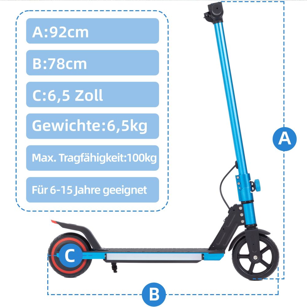 Technische Maße am blauen Scooter: 92 cm Höhe, 78 cm Länge und 6,5 Zoll Reifengröße.