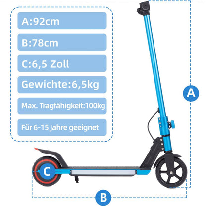 Technische Maße am blauen Scooter: 92 cm Höhe, 78 cm Länge und 6,5 Zoll Reifengröße.