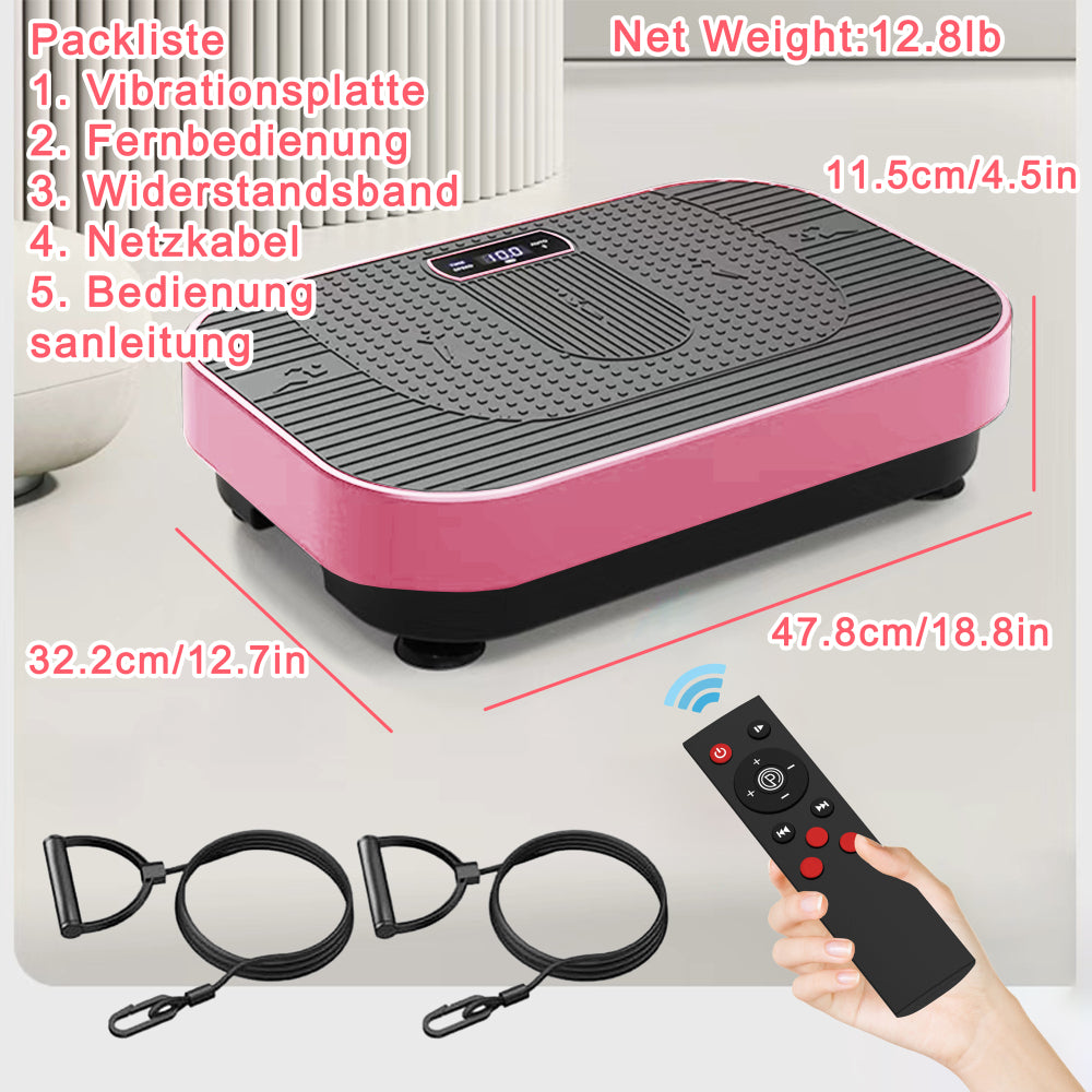 Technische Maße der pinken Vibrationsplatte: 52cm x 32cm x 12cm