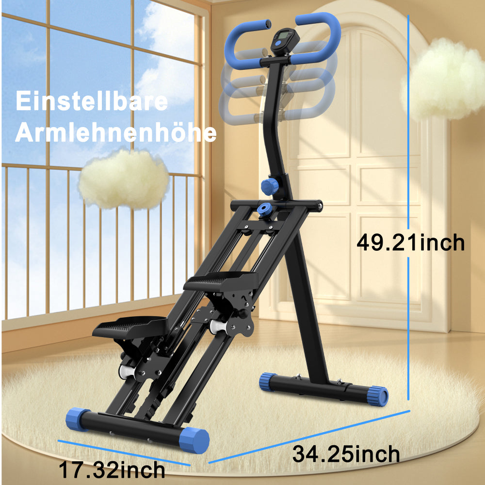 Technische Maße und Höhenverstellbarkeit des Lenkers und der Armlehnen.