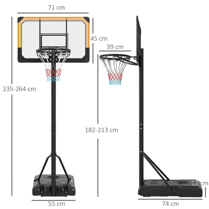 Technische Skizze der Maße: Rückwand 71x45 cm, Basis 74x55 cm, Gesamthöhe bis 264 cm.