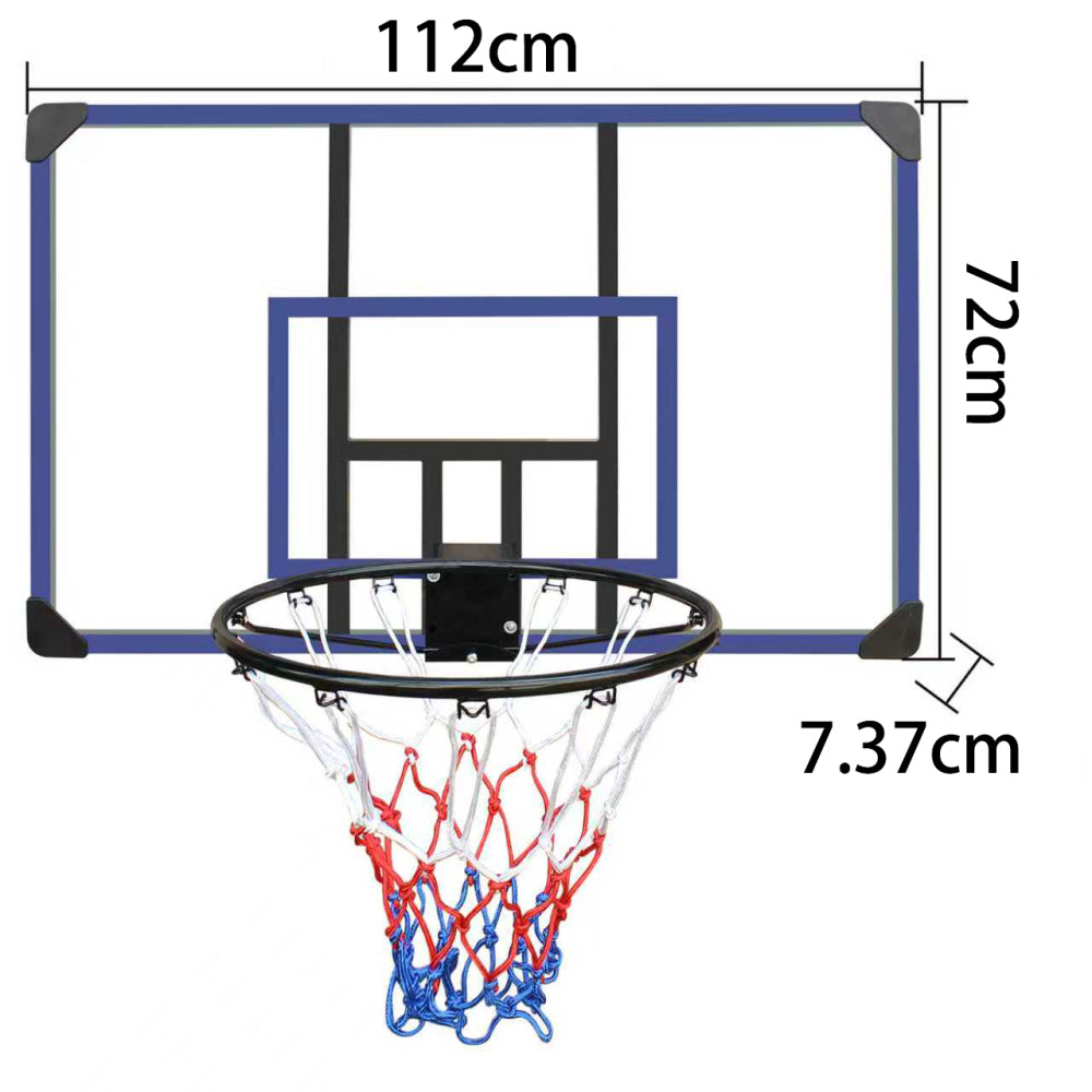 Technische Zeichnung: Backboard 112 cm breit, 72 cm hoch, Ringabstand 7,37 cm.