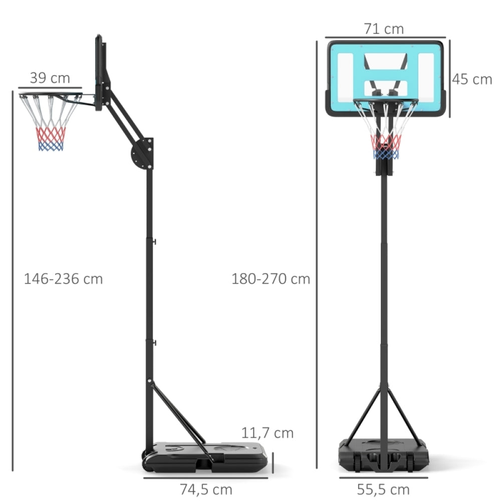 Technische Zeichnung: Backboard 71x45 cm, Basis 74,5x55,5 cm, Gesamthöhe bis 270 cm.