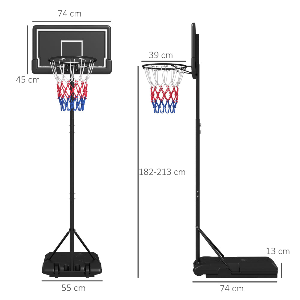 Technische Zeichnung: Backboard 74x45 cm, Gesamthöhe bis 250 cm, Basis 75x55 cm.