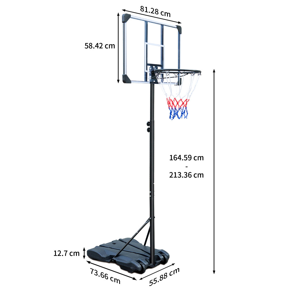 Technische Zeichnung: Backboard 81x58 cm, Basis 74x56 cm, Höhe verstellbar 165-213 cm.