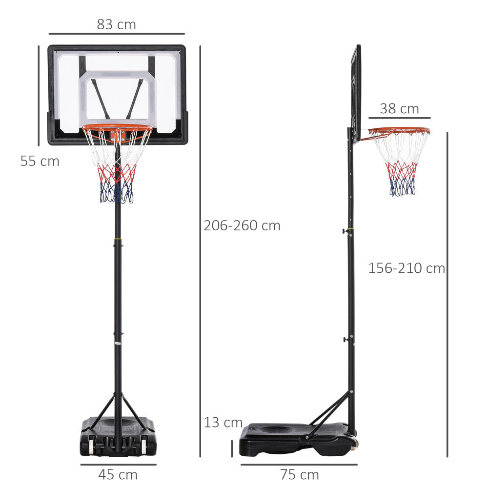 Technische Zeichnung: Backboard 83x55 cm, Korbhöhe 156-210 cm, Basis 75x45 cm.