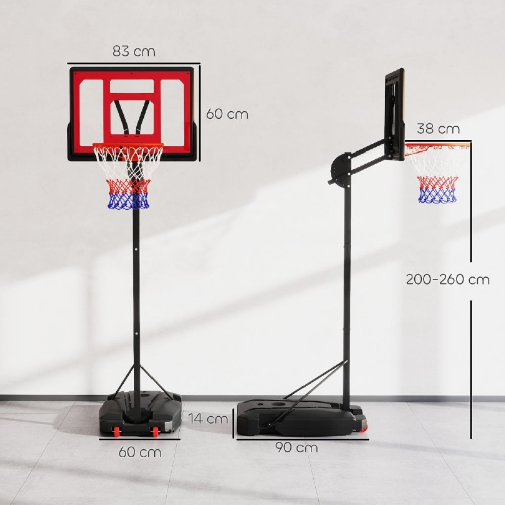 Technische Zeichnung: Backboard 83x60 cm, Basisbreite 60 cm, Korbhöhe verstellbar 200-260 cm.