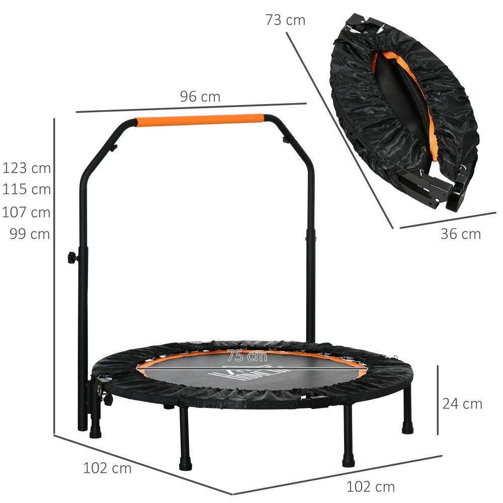 Technische Zeichnung: Durchmesser 102 cm, Griffhöhe 99-123 cm, Faltmaß 73x36 cm.
