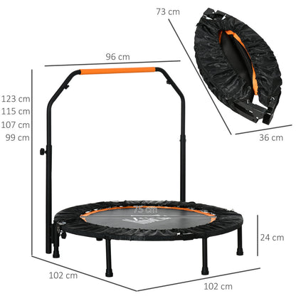 Technische Zeichnung: Durchmesser 102 cm, Griffhöhe 99-123 cm, Faltmaß 73x36 cm.