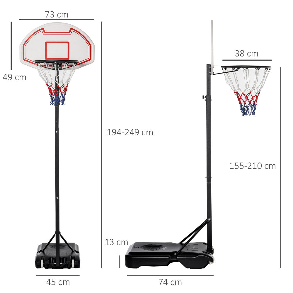 Technische Zeichnung: Gesamthöhe bis 249 cm, Korbhöhe 150-210 cm, Basisbreite 74 cm.
