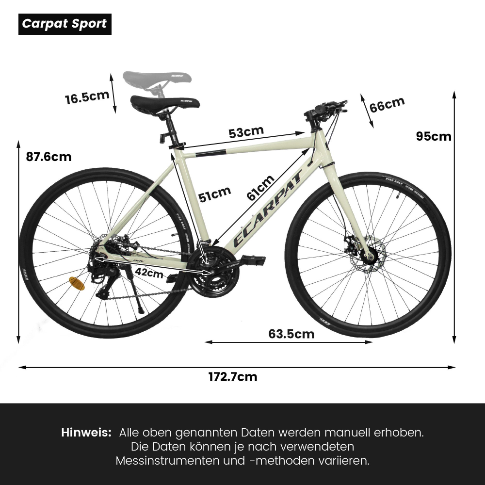 Technische Zeichnung und Maße des 28 Zoll Fahrradrahmens, passend für 160-180 cm.