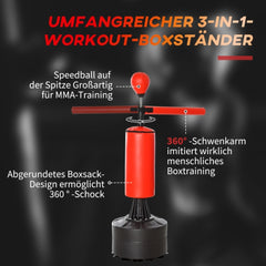 Umfangreicher 3-in-1 Workout-Boxständer: Speedball, Reflex-Schwenkarm und Schlagpolster.