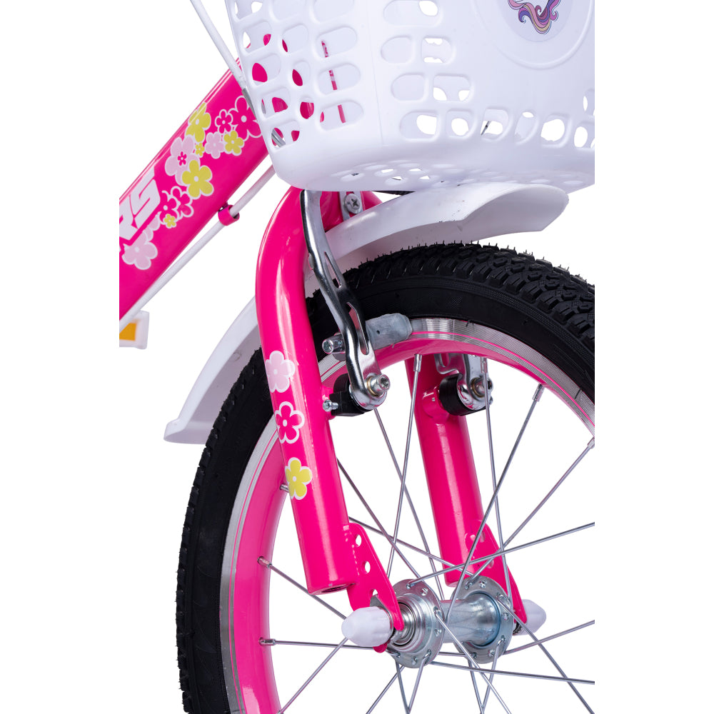 V-Bremse Detail am Vorderrad des rosa Mädchenfahrrads