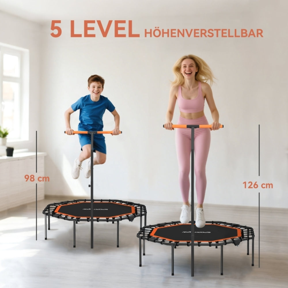 Vergleichsbild: Ein Kind (niedriger Griff) und eine Erwachsene (hoher Griff) nutzen das Trampolin gemeinsam.