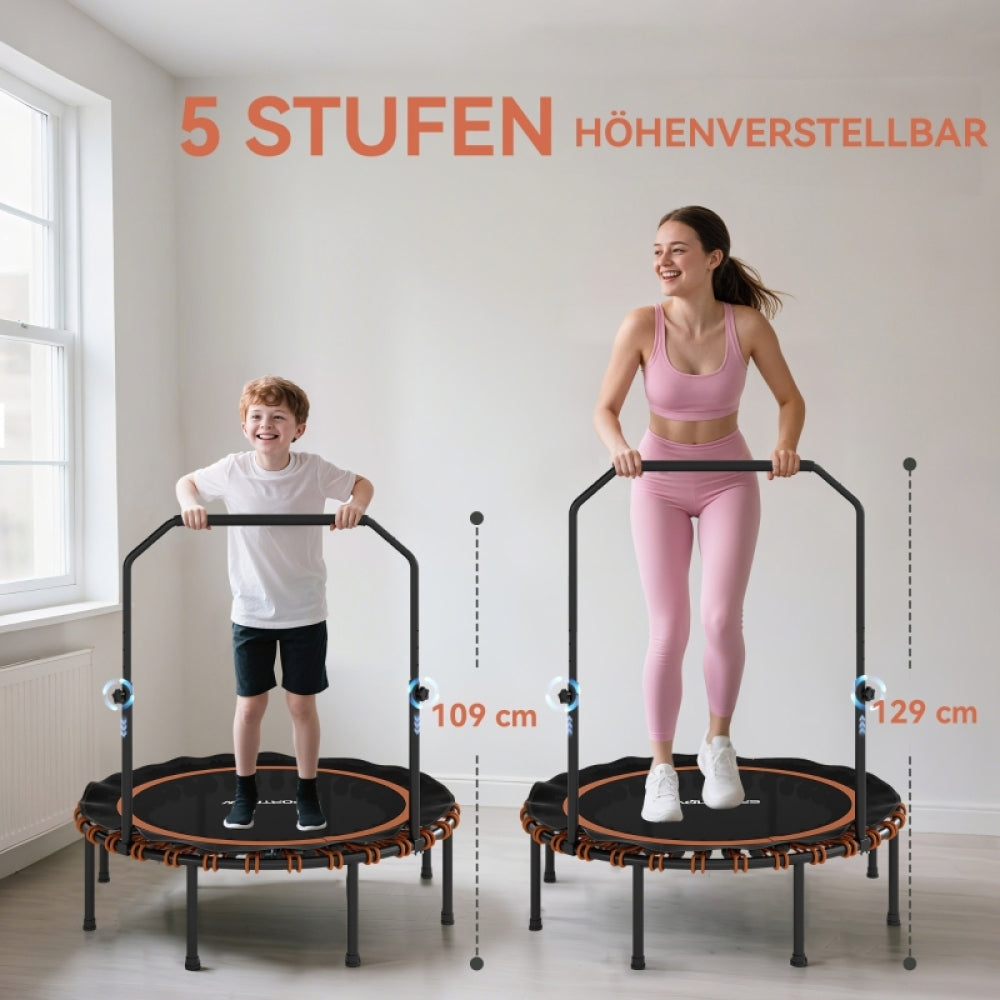 Vergleichsbild: Ein Kind und eine Erwachsene nutzen das Trampolin, zeigt die 5-stufige Höhenanpassung des Griffs.