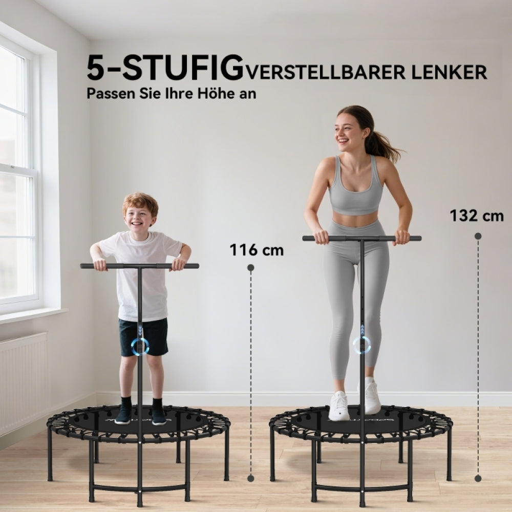 Vergleichsbild: Kind und Erwachsene nutzen das Trampolin, zeigt die 5-stufige Höhenverstellung des T-Griffs.