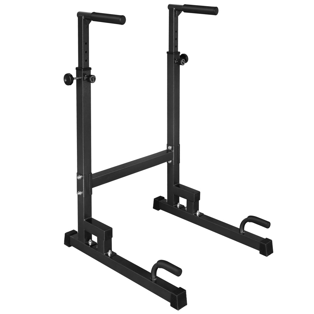 Verstellbare Dip-Station in Schwarz mit Sicherheits-Verbindungsstange.