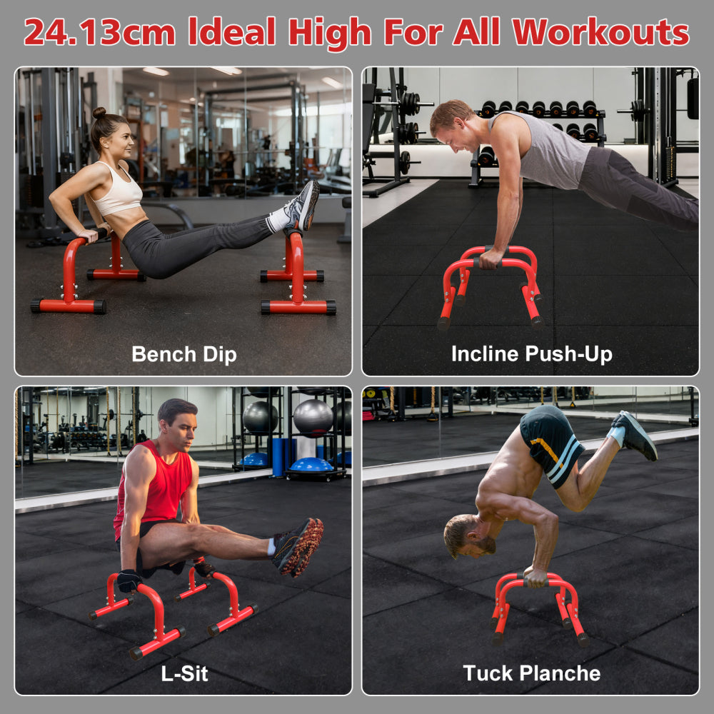 Vier Anwendungsbeispiele: Dips, Schräg-Liegestütze, L-Sitz und Tuck Planche Training.
