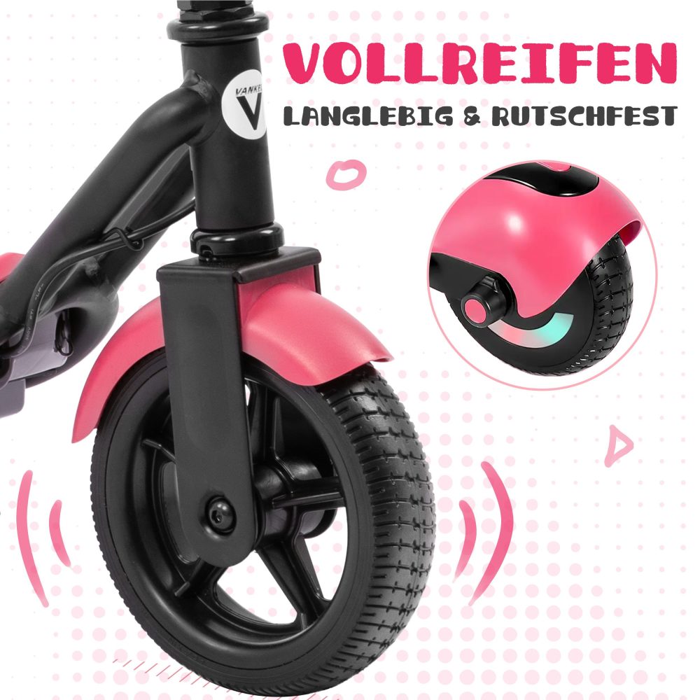Vollgummireifen vorne und robuster Klappmechanismus im Detail.