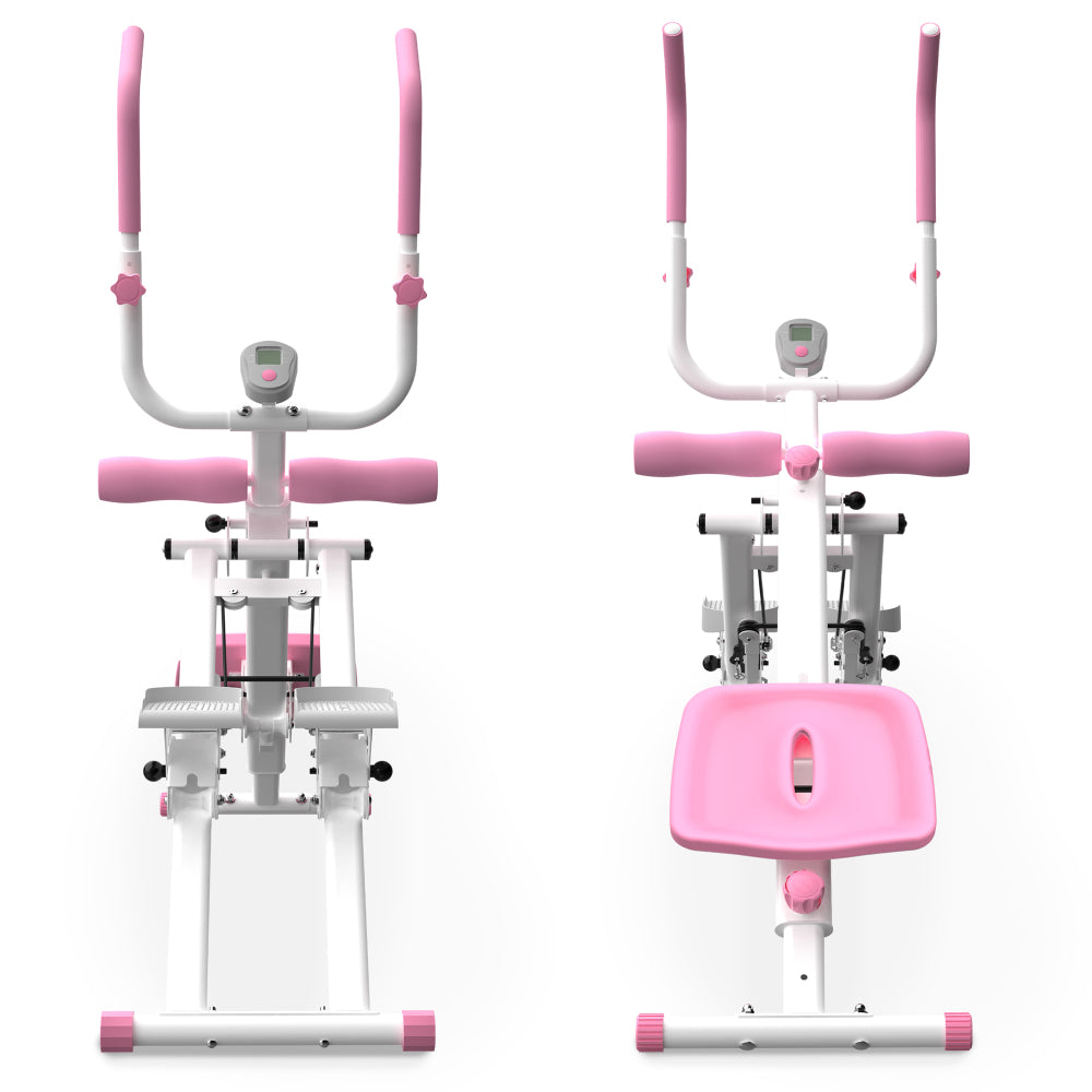 Vorder- und Rückansicht des pinken Heimtrainers mit robuster Struktur