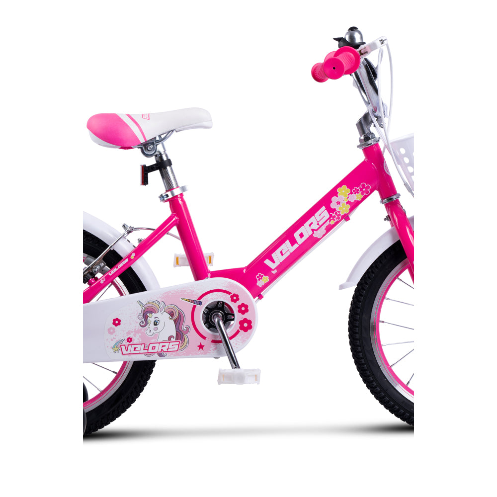 Vorderansicht Mädchenfahrrad 16 Zoll Pink mit weißem Korb und Schutzblechen