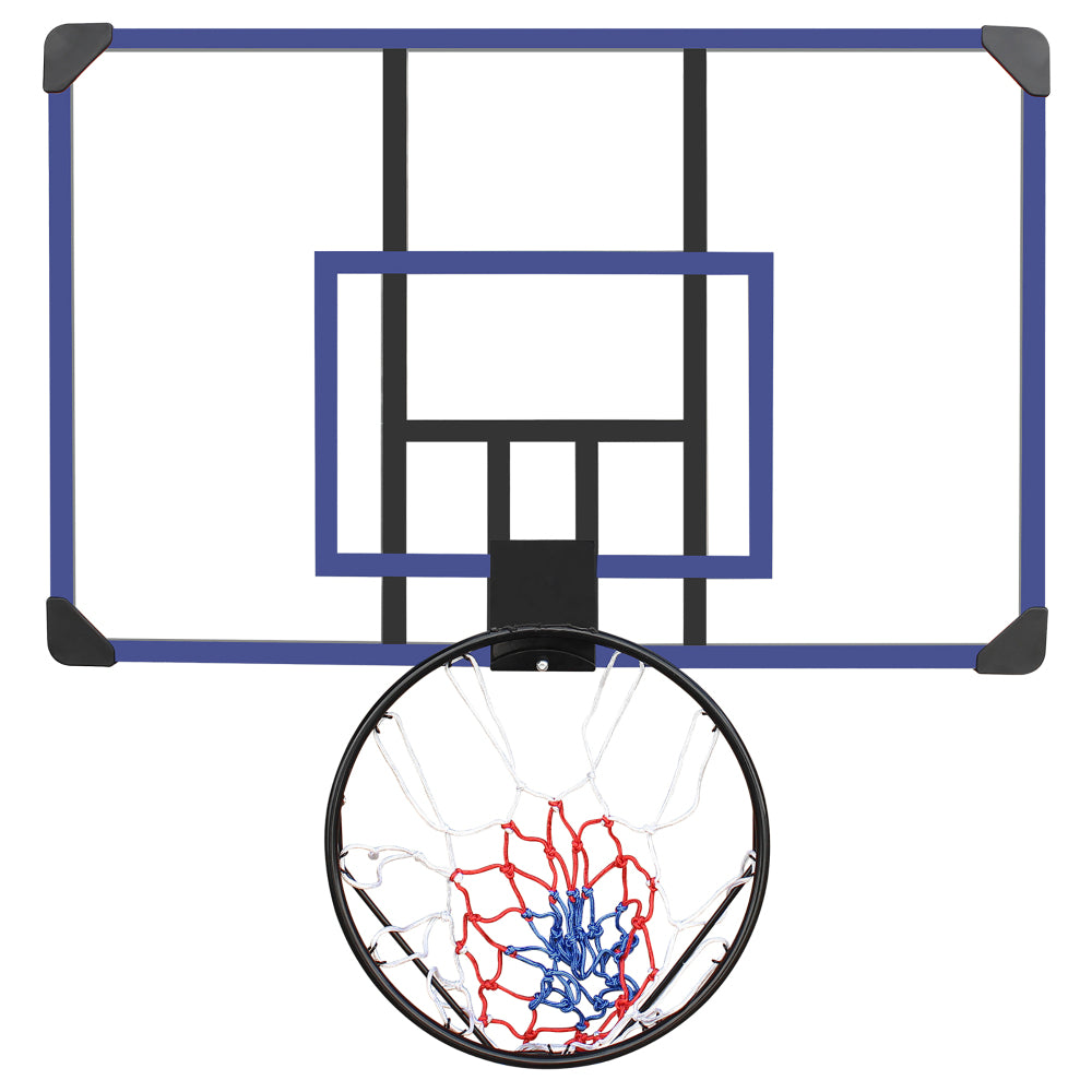 Vorderansicht des Basketballkorbs mit ausgeklapptem Ring und dreifarbigem Netz.