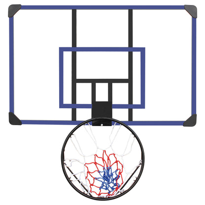 Vorderansicht des Basketballkorbs mit ausgeklapptem Ring und dreifarbigem Netz.