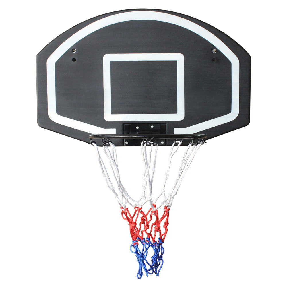 Wandmontierter Basketballkorb mit schwarzem Rahmen und Netz, Frontalansicht auf grauem Hintergrund.