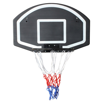 Wandmontierter Basketballkorb mit schwarzem Rahmen und Netz, Frontalansicht auf grauem Hintergrund.