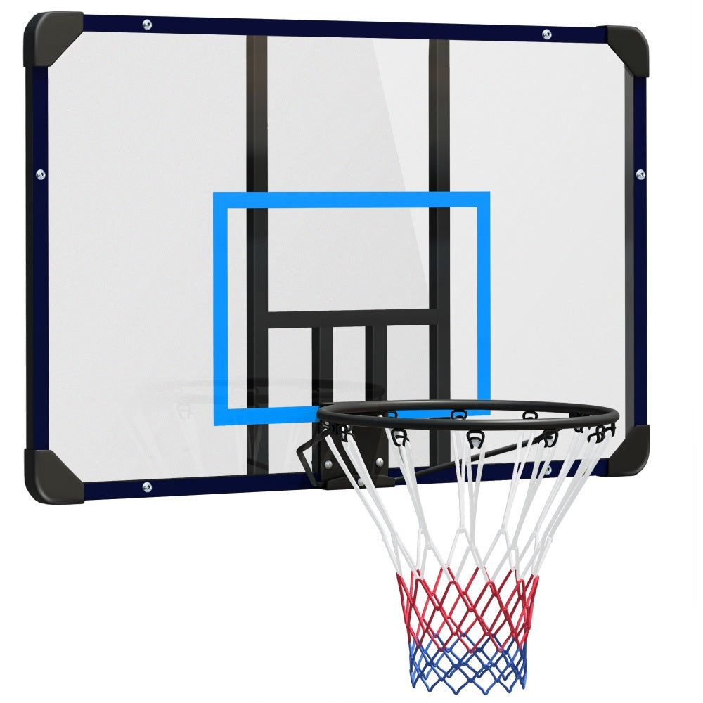 Wandmontierter Basketballkorb mit transparentem Board, blauem Markierungsrechteck und Stahlring.