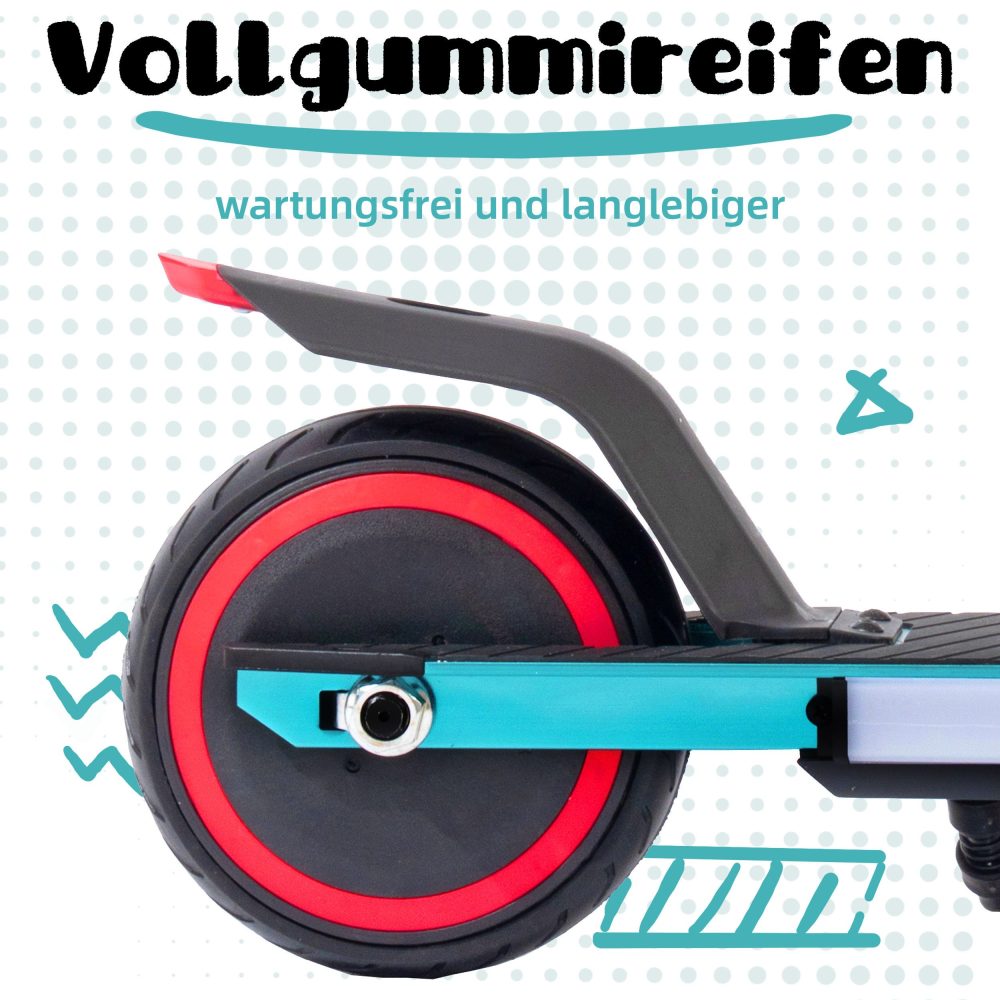 Wartungsfreier Vollgummireifen am Hinterrad mit rotem Zierring.