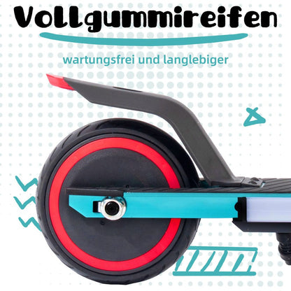 Wartungsfreier Vollgummireifen am Hinterrad mit rotem Zierring.