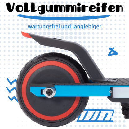 Wartungsfreier Vollgummireifen am Hinterrad mit rotem Zierring am blauen Rahmen.