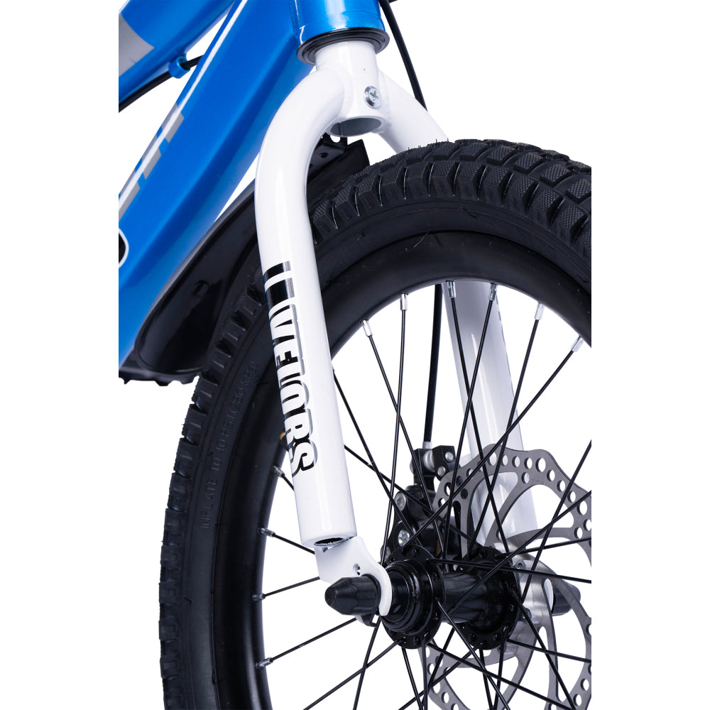 Weiße Gabel und mechanische Scheibenbremse am 18 Zoll Kinderrad