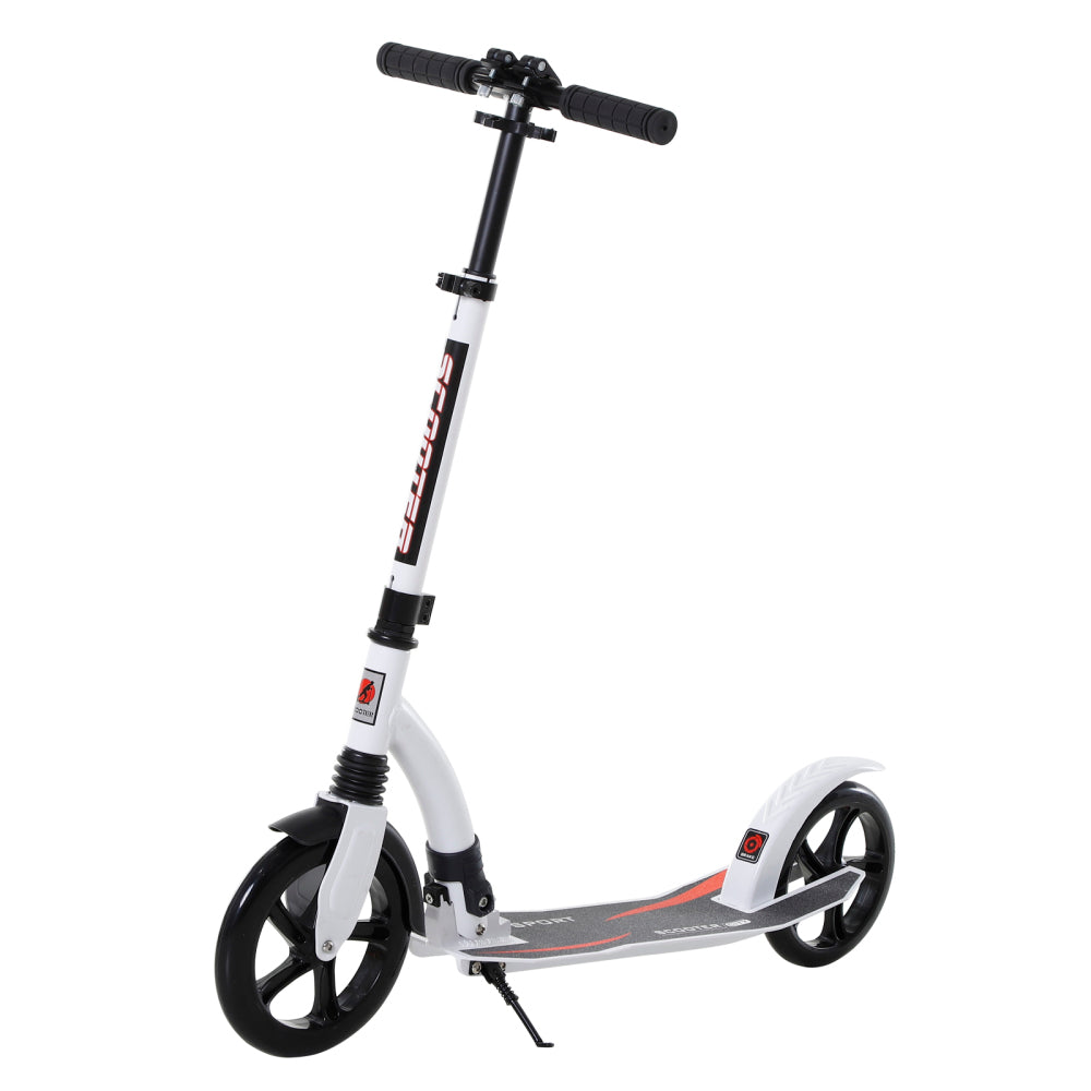 Weißer Kickscooter mit großen Rädern und Ständer in der Seitenansicht.