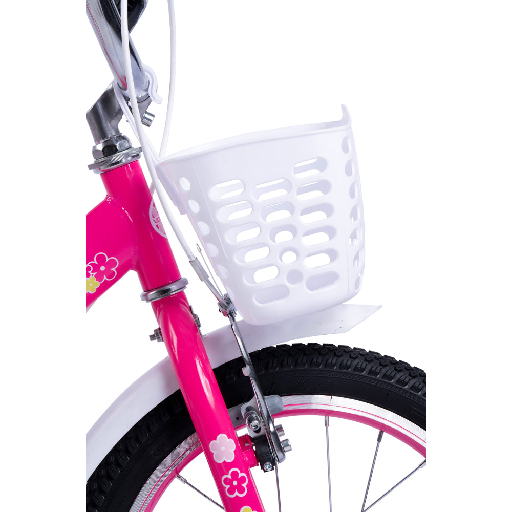 Weißer geflochtener Frontkorb am rosa Kinderfahrrad