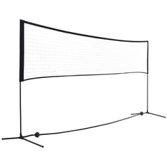 Weißes Sportnetz (400x60cm) auf einem schwarzen, stabilen Metallgestell, isoliert dargestellt.